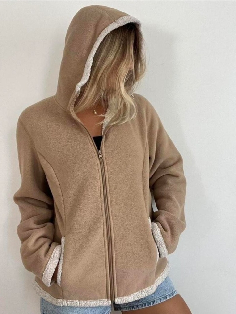 Faded Glory Tan Hooded Teddy Jacket with Cream Sherpa Trim
